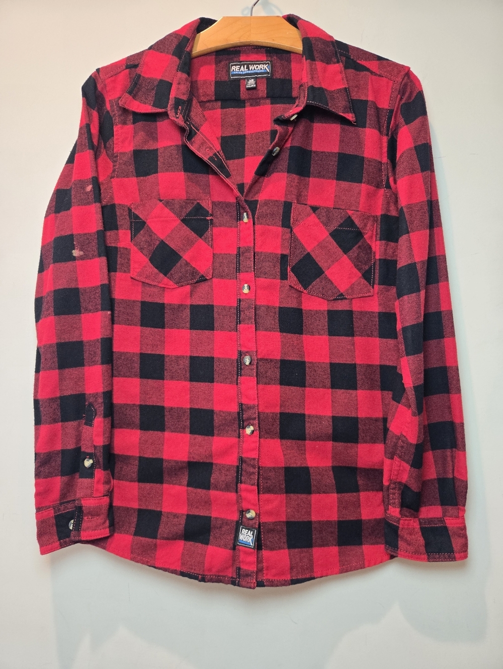 Real Work Flannel Women's Medium Red Black 90s Plaid Long Sleeve Button Down